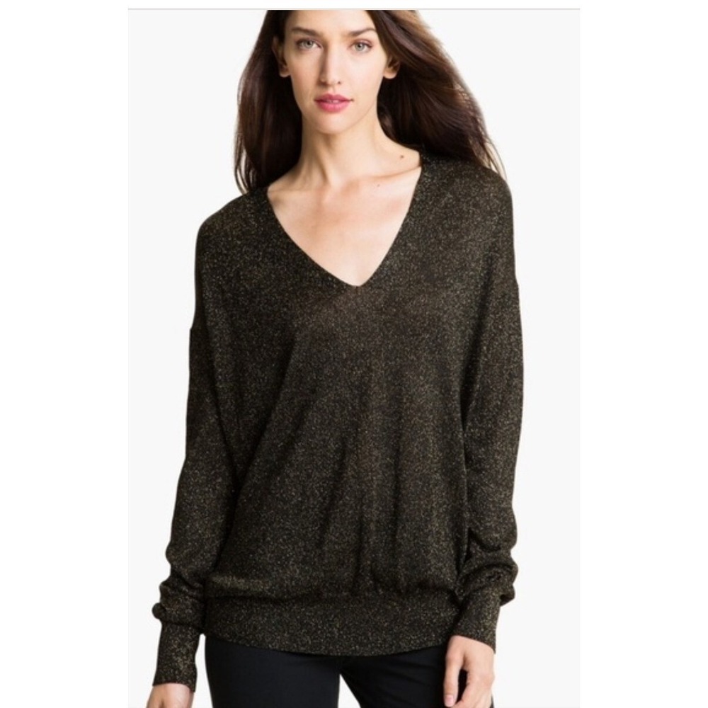 Diane‎ von Furstenberg V-Neck Sweater S Black Gold Metallic Knit Oversized